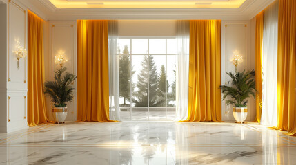 White room with the marble floor and big window and Yellow curtain, chrismass tree and wall lamp, winter season
