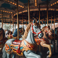 A vintage carousel with brightly painted horses.
