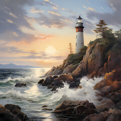 A tranquil seascape with a lighthouse on a rocky cliff - obrazy, fototapety, plakaty