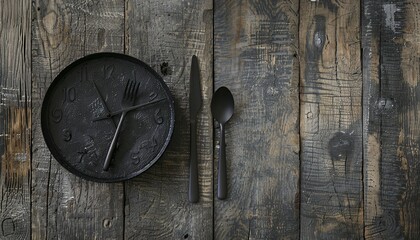 Is it time for a diet. Black plate representing a clock. Healthy diet concept.