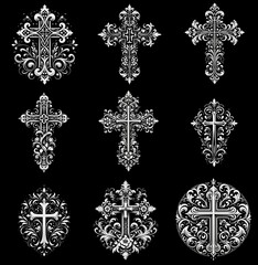Graceful crosses: timeless engravings on black granite. Black and white image on a black background