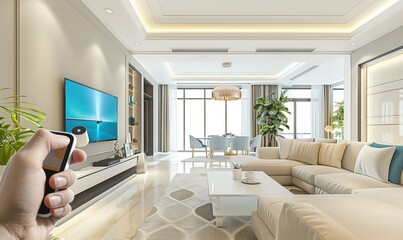  Changing lighting and control in light contemporary apartment using smartphone in a hand and added reality features