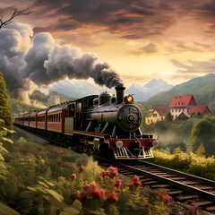 A vintage train traveling through a picturesque countryside. - obrazy, fototapety, plakaty