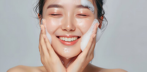 Close-up portrait of smiling asian woman washing face with soap foam, isolated on light grey background