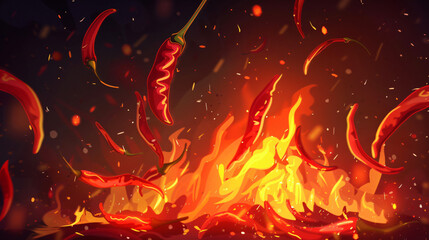 A pod of red chili pepper burns in a fire on a dark background. - obrazy, fototapety, plakaty