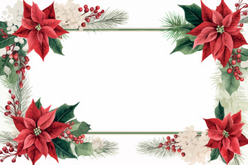 Christmas and New Year background with poinsettia and mistletoe. Watercolor