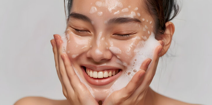 Close-up portrait of smiling  asian woman washing face with soap foam, isolated on light grey background