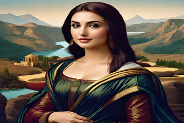 Leonardo da Vinci's Mona Lisa background woman. Generative AI