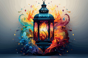 Eid Mubarak background with beautiful illuminated arabic lamp and hand drawn calligraphy lettering. Vector illustration
