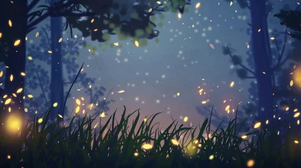 Foto auf Glas Mystical Anime Forest with Luminous Fireflies. © CommerceAI
