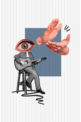 Creative poster collage of applause hands playing female musician guitar eye instead head...