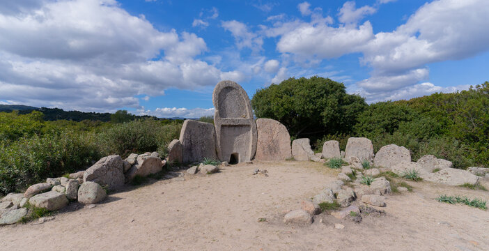 Giants' grave of Coddu Vecchiu built during the bronze age by the nuragic civilization, Doragli, Sardinia, Italy.