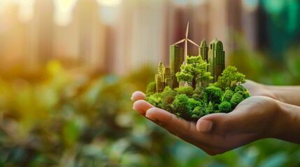 Naklejka na ściany i meble verdant cityscape with eco-friendly buildings and natural landscaping. Green energy metropolis cradled in the palm