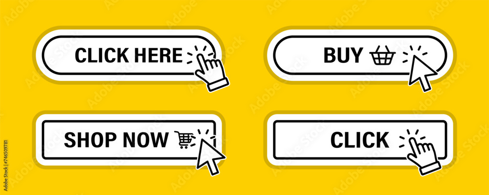 Leinwandbilder Click Here Button with Click cursor. Set for action button design. Click button. Modern button with mouse click symbol. Computer mouse cursor or hand pointer symbol for UI UX website, mobile app