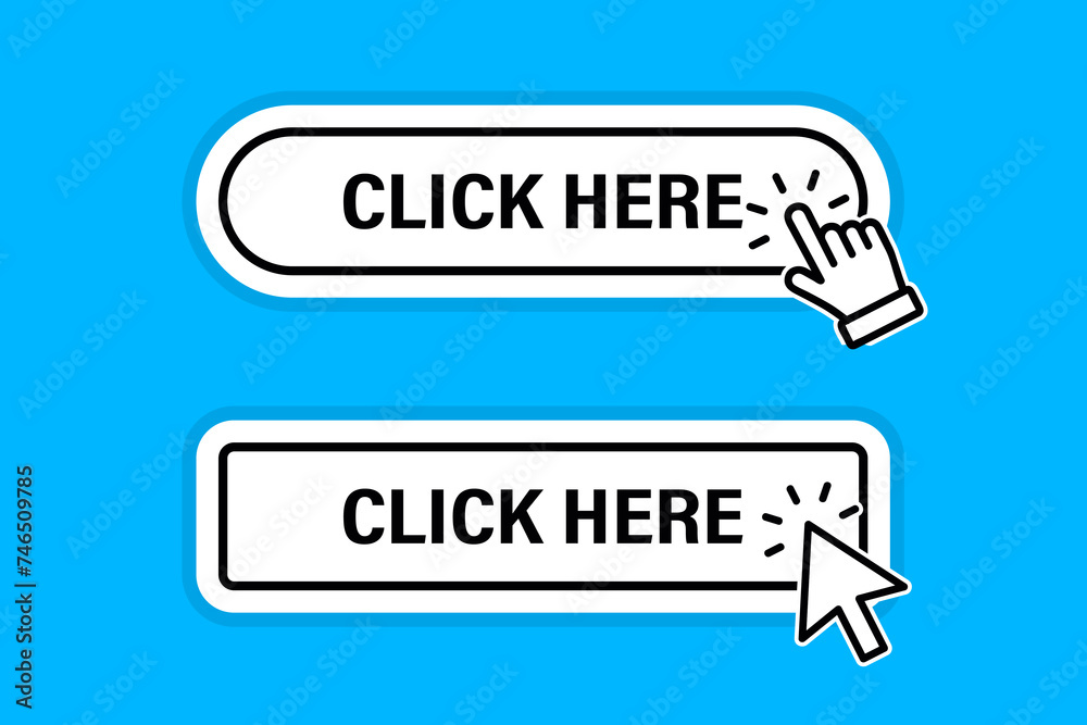 Leinwandbilder Click Here Button with Click cursor. Set for action button design. Click button. Modern button with mouse click symbol. Computer mouse cursor or hand pointer symbol for UI UX website, mobile app