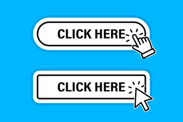 Click Here Button with Click cursor. Set for action button design. Click button. Modern button with mouse click symbol. Computer mouse cursor or hand pointer symbol for UI UX website, mobile app