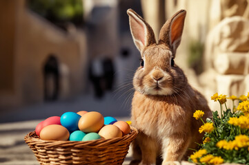A cute rabbit is sitting next to a basket with colorful eggs. Easter in different cities of the...