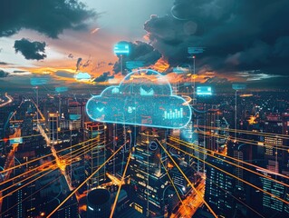 cloud computing and digital data transfer with computing networked across cities country and globe