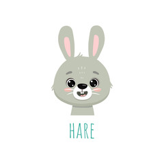 cute cartoon bunny. Animal in flat style. Hare head for cards, magazins, banners. Forest animal.