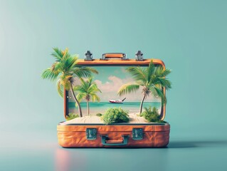 travel suitcase with summer exotic destination inside