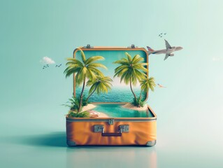 travel suitcase with summer exotic destination inside