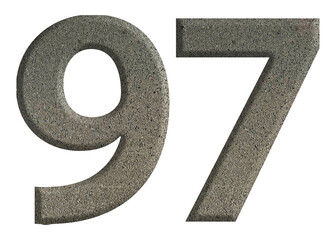 The shape of the number 97 is made of cement isolated on transparent background. Suitable for...