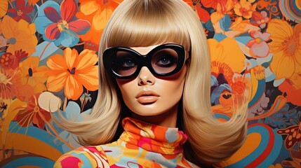 Fashion icons of the 60s in a collage with bold patterns and colors