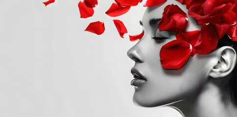 Close up woman face in profile with red rose petals on face with copy space for text - obrazy, fototapety, plakaty