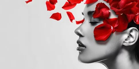 Poster Close up woman face in profile with red rose petals on face with copy space for text © Oksana