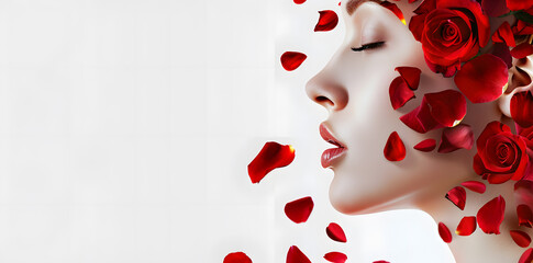 Close up woman face in profile with red rose petals on face with copy space for text