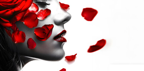 Close up woman face in profile with red rose petals on face with copy space for text