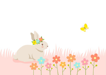 Cute rabbit and a butterfly with a flower crown on the flower fields background. 