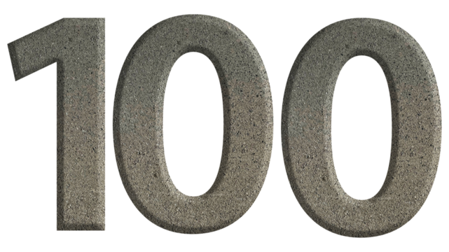 The shape of the number 100 is made of cement isolated on transparent background. Suitable for birthday, anniversary and Memorial Day templates
