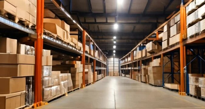 Storage warehouse with goods in boxes and shelves