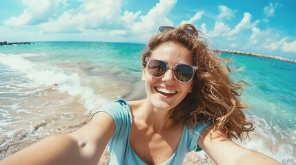 A young happy woman wearing sunglasses taking selfie on the seashore. Cheerful woman traveling