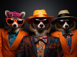 Pop art style animals wearing sunglasses and hats vibrant backdrop