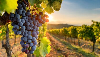 ripe grapes on vineyards at sunset in tuscany italy ripe red grapes on vineyards in autumn harvest at sunset - obrazy, fototapety, plakaty