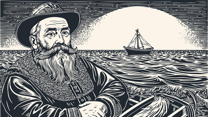 Portrait of an old fisherman in a boat, engraving style, vector illustration	 - 746511389