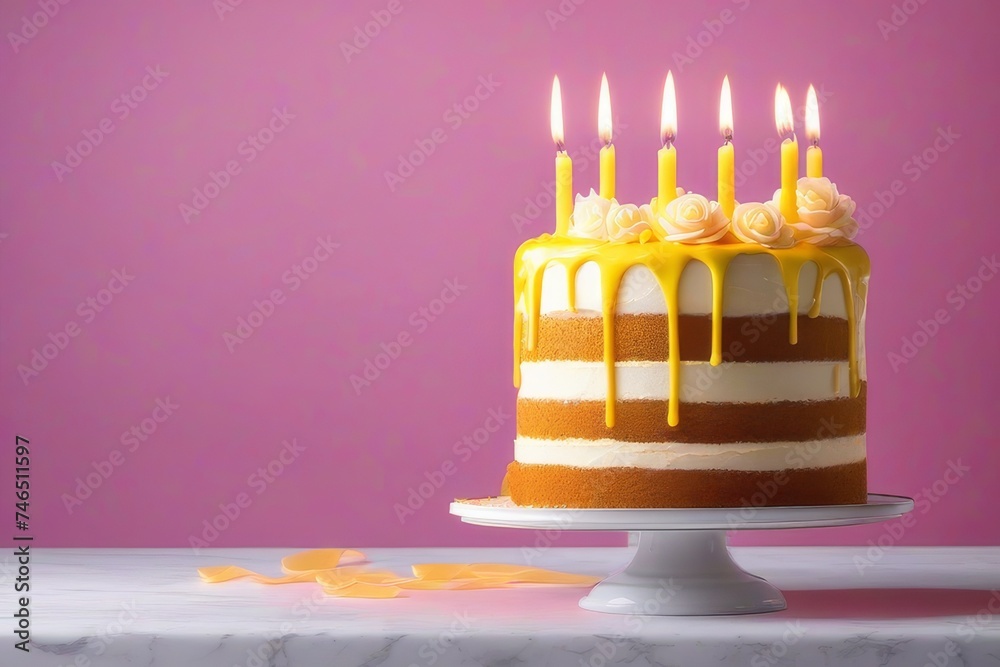 Wall mural yellow cake with candles on a pink background