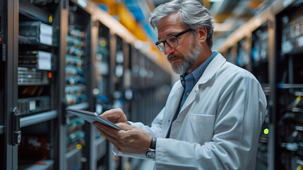 Male computer Specialist using tablet in computer technology research facility. computer server room.