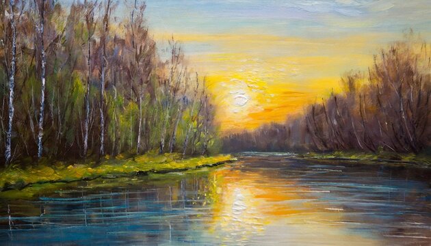 oil painting landscape river in the spring forest with sunset afternoon