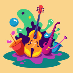 Musical instruments melting into a colorful puddle. vektor illustation