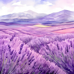 Obraz premium Watercolor purple lavender flowers field with hills. Provence, France