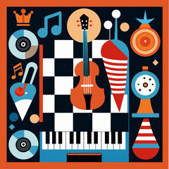 A music-themed chessboard with instruments as pieces. vektor illustation