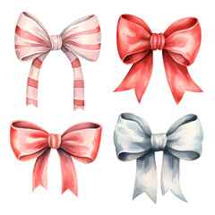 Watercolor ribbon bows set. Red, silver silk bows knots