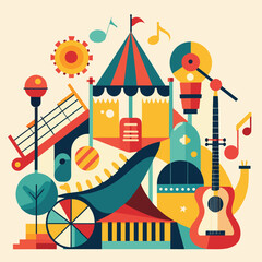 A music-themed carnival with rides shaped like instruments. vektor illustation