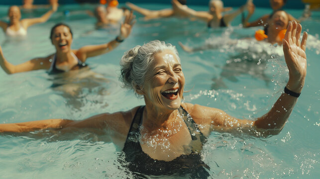 Active senior women doing water aerobics