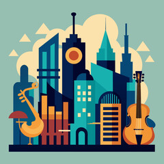 A city skyline with buildings made of musical instruments. vektor illustation