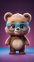 Fototapeta premium Cute baby bear wearing blue colour spectacles isolated on a solid pastel colour background, baby bear wallpaper for kids, Creative baby animal concept, commercial, editorial advertisement background