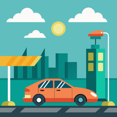 Electric car charging on a rooftop parking lot. vektor illustation